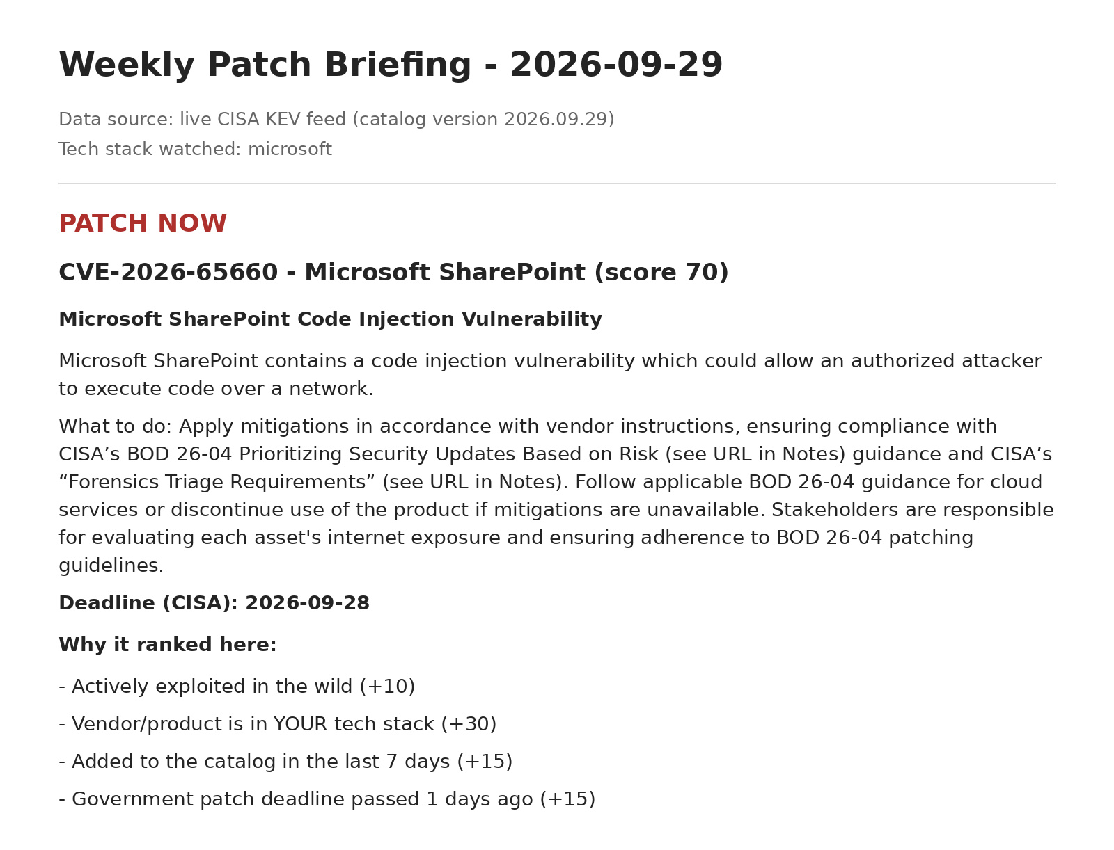 Patch Now report entry for Microsoft SharePoint CVE-2026-65660, score 70, showing remediation guidance and four scoring reasons.