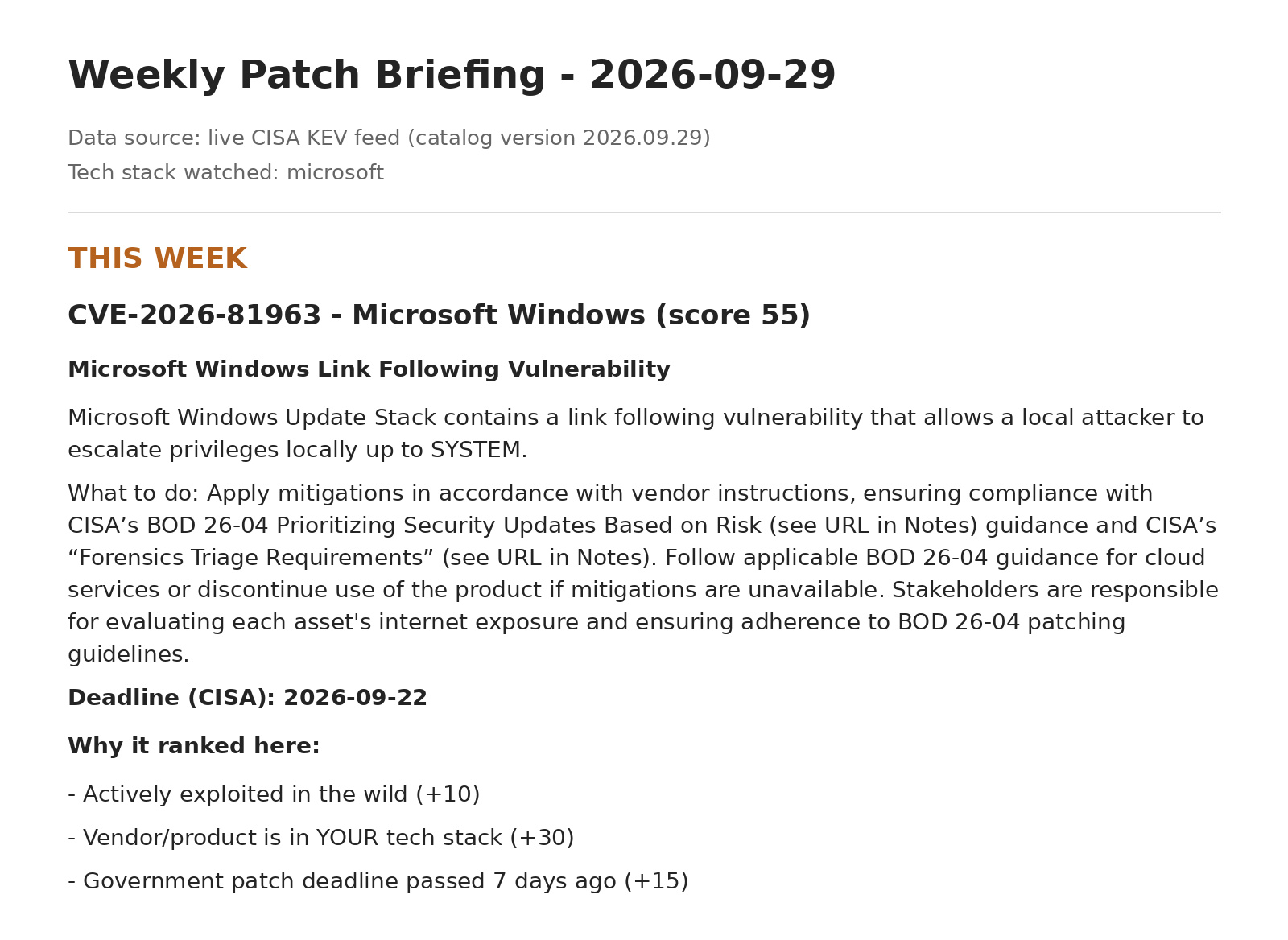 This Week report entry for Microsoft Windows CVE-2026-81963, score 55, showing remediation guidance and three scoring reasons.